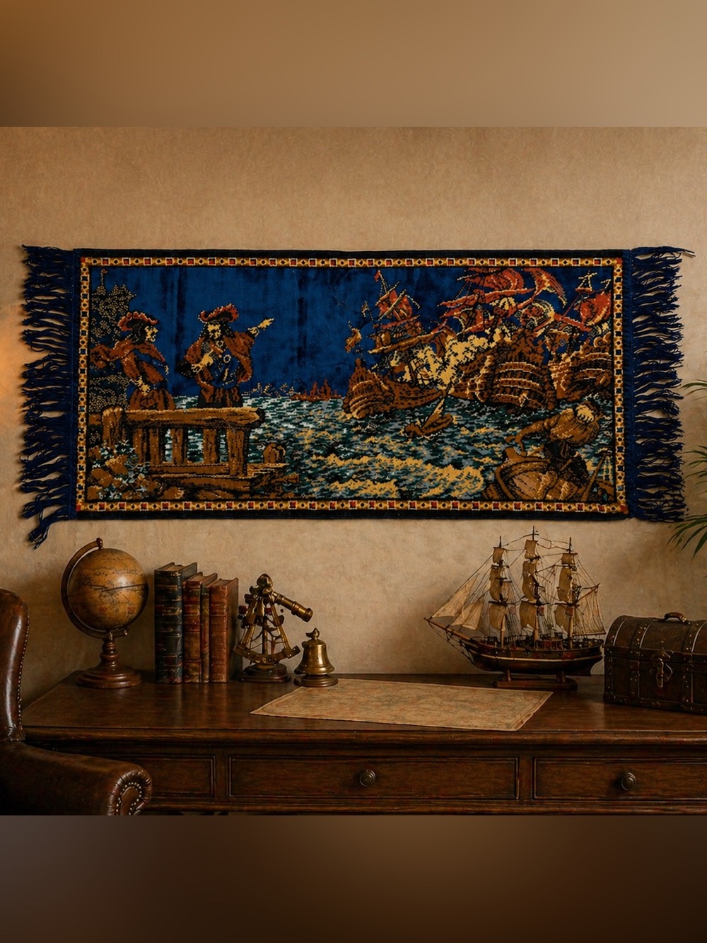 Vintage Silky Velvet Italian Pirate Galleon Fringed Tapestry